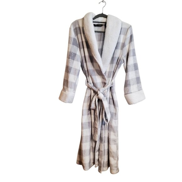 NWOT Norie Jasmine Rose thick plush plaid robe/duster Grey and White Medium - Picture 1 of 11
